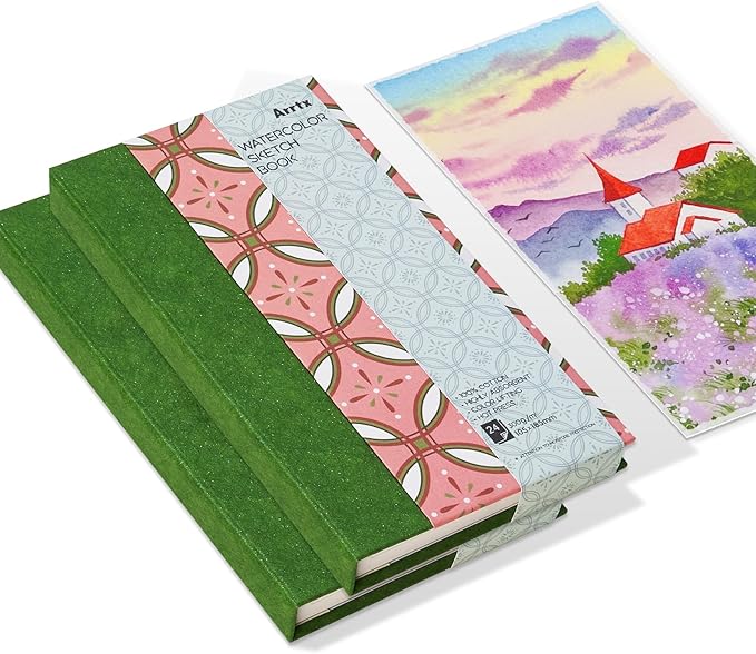2 Pack Arrtx Watercolor Journal, 7.28x4.13'', 140 LB, 300 GSM, 100% Cotton Paper, Hot Press, 48 Sheets, Hardcover Watercolor Sketchbook for Use As Travel Notebook for Artists Adults Students