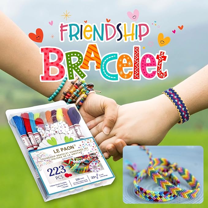 LE PAON 20 skiens Embroidery Floss，Embroidery Thread Friendship Bracelet Stitch Kit， Crafts Thread with 200beads，1 roll of Transparent Thread, 1 Bracelet Wheel，1 Threader