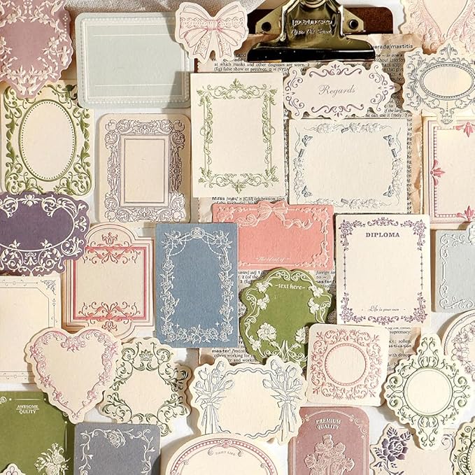 120Pcs Vintage Scrapbook Decorative Paper Set, Embossed Pattern Small Writing Notes Paper Blank Card 4 Boxes for Scrapbooking Junk Journaling Card Making Gift Tags Labels Non-Sticky