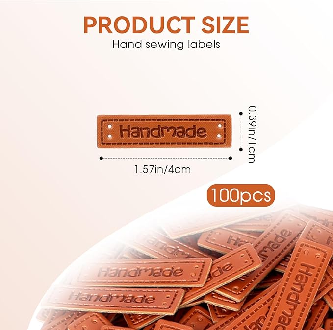 100Pcs Handmade PU Leather Tags Handmade Embossed Crochet Tags with Holes for Handmade Items Microfiber Embossed Leather Tags for Crochet Knitting Hats DIY Craft Supplies