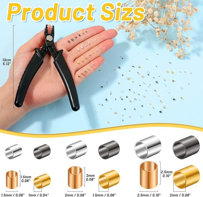 Thrilez Crimping Beads for Jewelry Making, 2200 Pieces Crimp Tubes with Crimping Pliers for Earring Necklace Bracelet DIY Jewelry Making(3 Sizes, 4 Colors)
