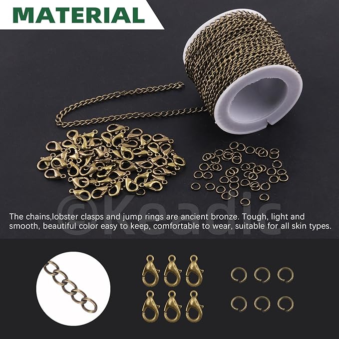 Keadic 102Pcs 30 Feet Jewelry Making Chains Kit W 3mm Metal Necklace Twisted Links Chain, Lobster Clasps, Open Jump Rings and Jewelry Pliers for Bracelet Earring Anklet DIY (Bronze)