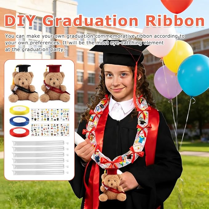 Candy Leis for Graduation 2026, Making Kit Supplies Tubing Grad Leis for Graduation Candy Necklace with 3 Color Ribbons Handmade Decoration Kit, Grad Party Gift for Graduates(Red, Yellow, Blue)