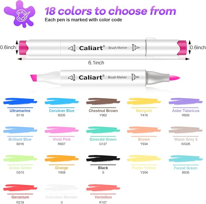 Caliart Markers Brush & Chisel, 18 Colors Alcohol Markers for Adult Coloring Book, Dual Tip Art Pen Set for Artist Illustration Sketch Drawing Gift
