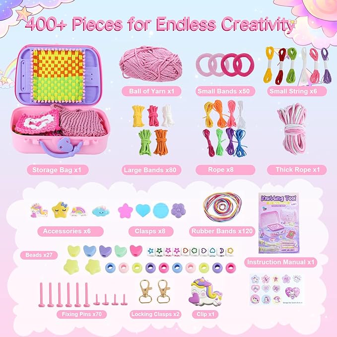 Rubber Band Bracelet Kit for Kids, Loom Bracelet Making Kit, Friendship Bracelet Kit, 400+ Pcs DIY Craft Kit for Girls Ages 6-12, Weaving Loom Set with Case, Beginner Bracelet Maker for Teens Adults