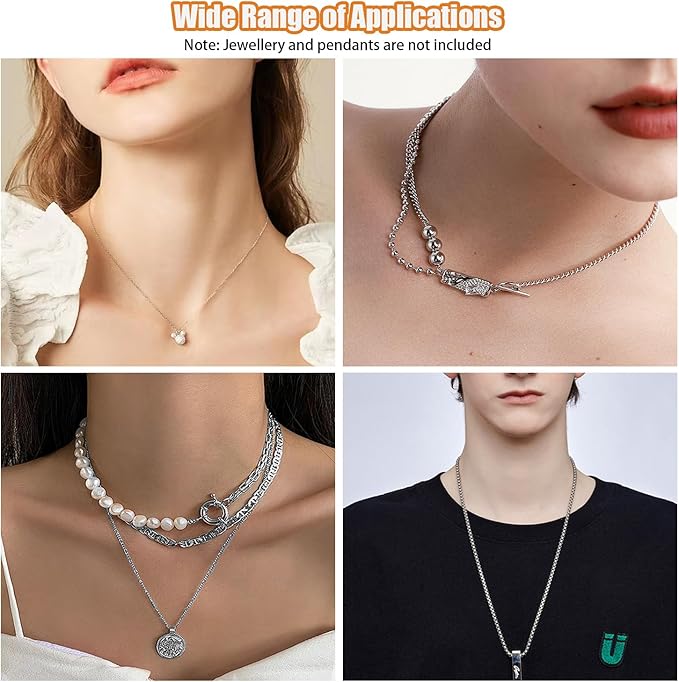 Fesorsi Silver Chain for Jewelry Making, 115ft 15 Style Steel Jewelry Chain, Electroplating Process, for DIY Necklace Chains, Tassel Pendants, with Jump Ring, Lobster Clasp, Pliers