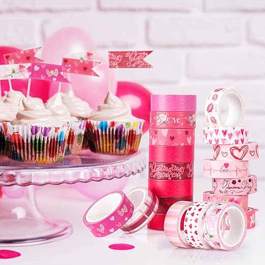 Pink Decorative Tape Set 20 Rolls Heart Floral Washi Tape Aesthetic DIY Valentines Masking Tape for Kids Craft Notebook Scrapbooking & Stamping Supplies