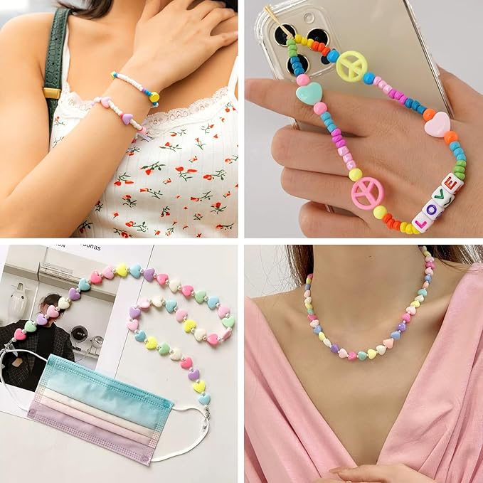 FASHEWELRY 130Pcs Macaron Colors Acrylic Heart Beads Candy Color Love Heart Beads Cute Sweet Pony Bead Bulk for Valentine Day Bracelet Necklace Jewelry Making