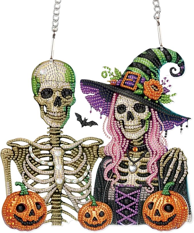 Diamond Art Painting Pendant 5D Diamond Art Hanging Kit Halloween Skull Pumpkin DIY Crystal Window Door Pendant for Adults Gift Wall Home Halloween Decoration (24.1x23.1 cm)