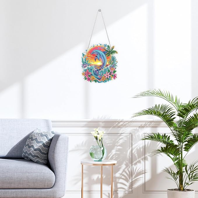 QENSPE Diamond Painting Art Hanging Kits for Adults, 5D Dolphin Diamond Paingting Ornaments with Chain, DIY Sunset & Flower Crystal Window Pendants for Home Wall Decor Double Sided Gift 8X8 inch