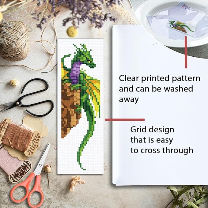 ORIGACH 6 Set Dragon and Loong Cross Stitch Bookmark Kit for Beginner with Backing Felt Floss Instructions DIY Stamped Embroidery Bookmark Kit for Adults, Book Lovers