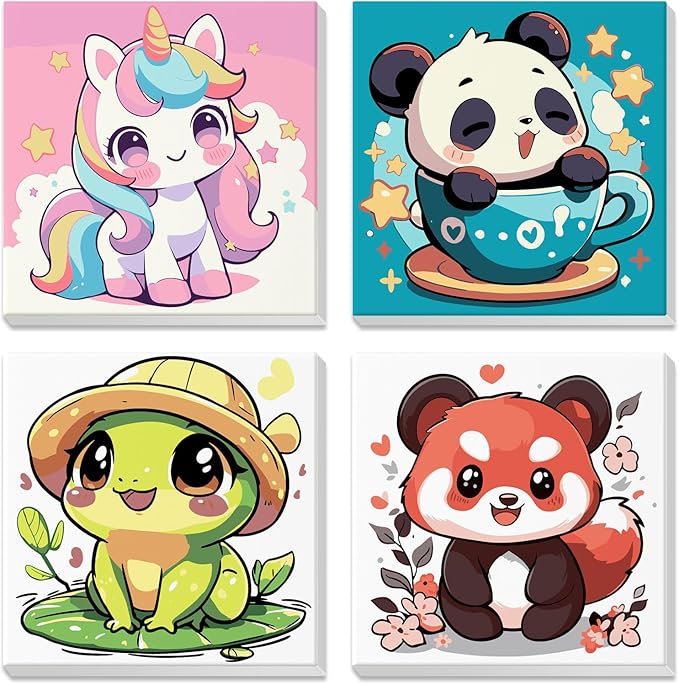 4 Pack Paint by Numbers for Kids with Wooden Framed, Cute Cartoon Unicorn, Panda, Frog, Paint by Number Kits on Canvas for Beginner, Acrylic Oil Painting Kits for Home Decor 8x8 inch, Kawaii Animals