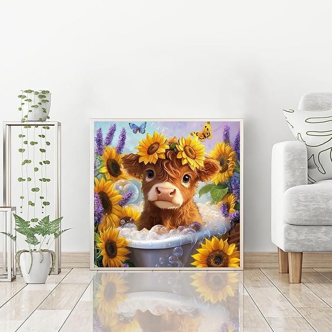 igoodom Cow Diamond Art Kits for Adults, Highland Cow Diamond Painting Kit, Full Drill Round Diamond Art Kits, DIY Gem Art and Crafts for Home Wall Decor Gift 14x14inch
