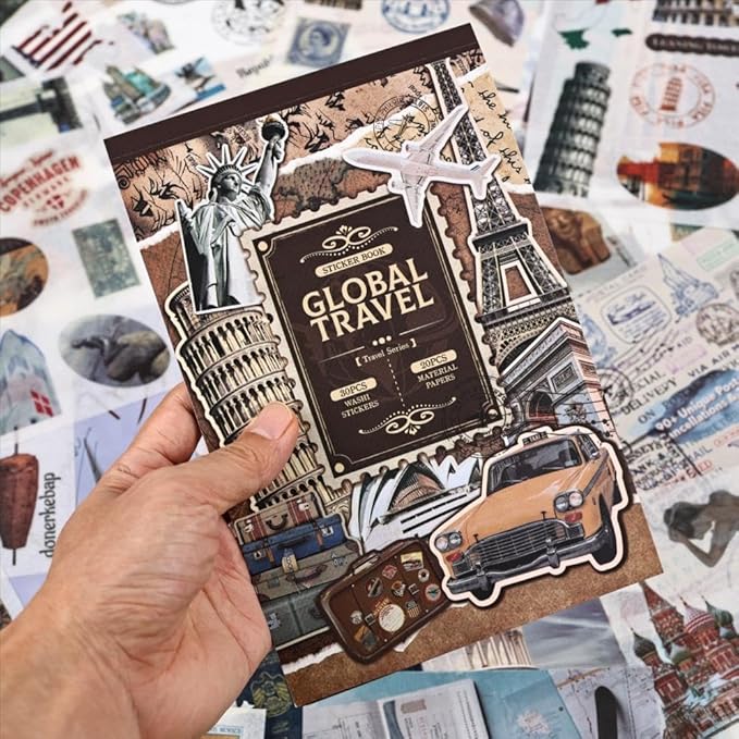 50 Sheets Travel Scrapbook Sticker Book for Scrapbooking, 300+ Washi Stickers with 20 A5 Scrap Book Papers for Journaling, Junk Journal Supplies, Collage, Bujo, Art Crafts