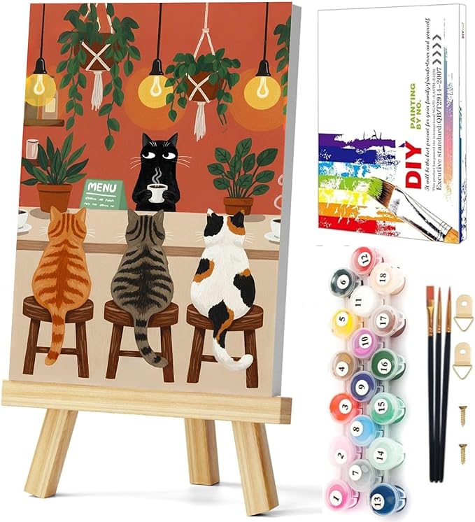 Gemozaic Framed Paint by Numbers Kit for Adults Beginner, Cats Paint by Numbers with Frame & Easel, DIY Number Painting for Adults Cat Funny for Home Wall Decor Gift, 8 x 12 Inch