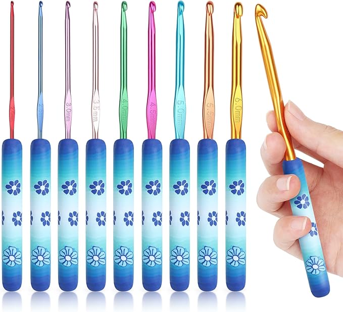 Coopay Warm Crochet Hooks Comfort Grip, Green Daisy Art Handle for Beginners, Longer Aluminum Shaft Crochet Hook Set 2.0mm-6.0mm(B-J), Smooth Needles Set for Crocheting