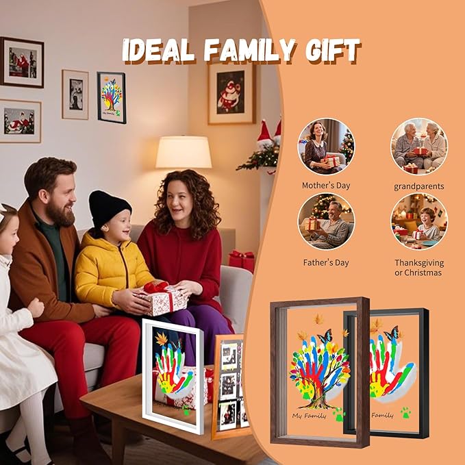 brown family handprint kit for 4 – wooden frame with 4 clear acrylic boards, diy handprint keepsake for baby, pet, mom, grandparents, hand mold art set with non-toxic washable paint (brown)