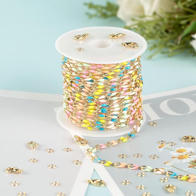 Mixed Color Enamel Cable Rolo Chains Bulk Oil Drip Rainbow Necklace Bracelet DIY Jewelry Making Supplies Gold Plated Brass Chain Roll