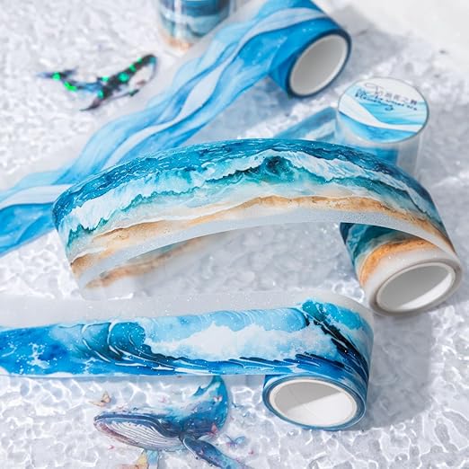 Kesari 6 Rolls PET Washi Tape Stickers for Journaling Supplies, Sea Wave Themed Scrapbook Stickers for Journaling,Scrapbooking,Junk Journal Supplies,DIY Crafts,Planner (Wave)