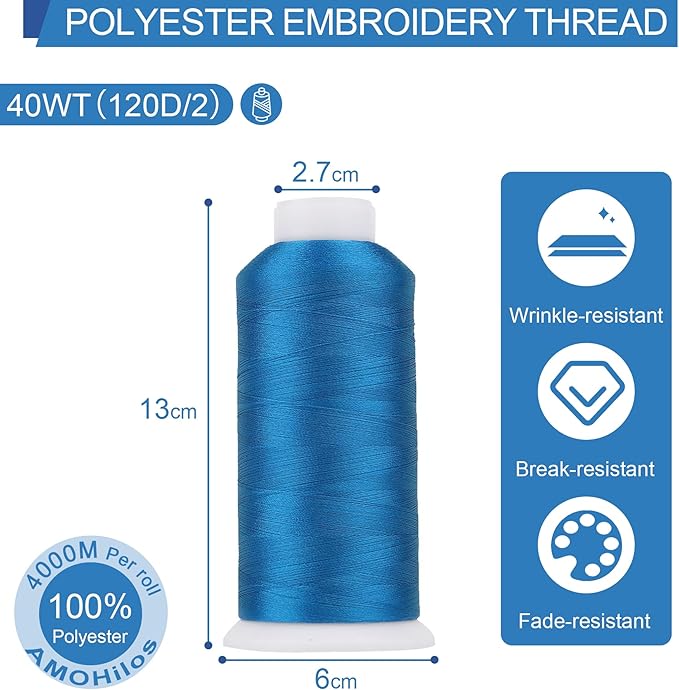 High Tenacity Polyester Embroidery Machine Thread 40WT(120D/2) 4000M Per Spool for Commercial and Domestic Embroidery Machine (Calypso Blue-1797)
