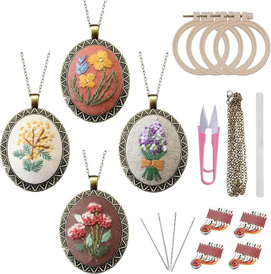 ZOCONE 4 Packs Embroidery Necklace Kits, Embroidery Pendant Kit Mini Cross Stitch Kit with 4 Hoops, Necklace, Pendant, Stamped Pattern Cloth, Instructions, etc., Embroidery Kits for Adults