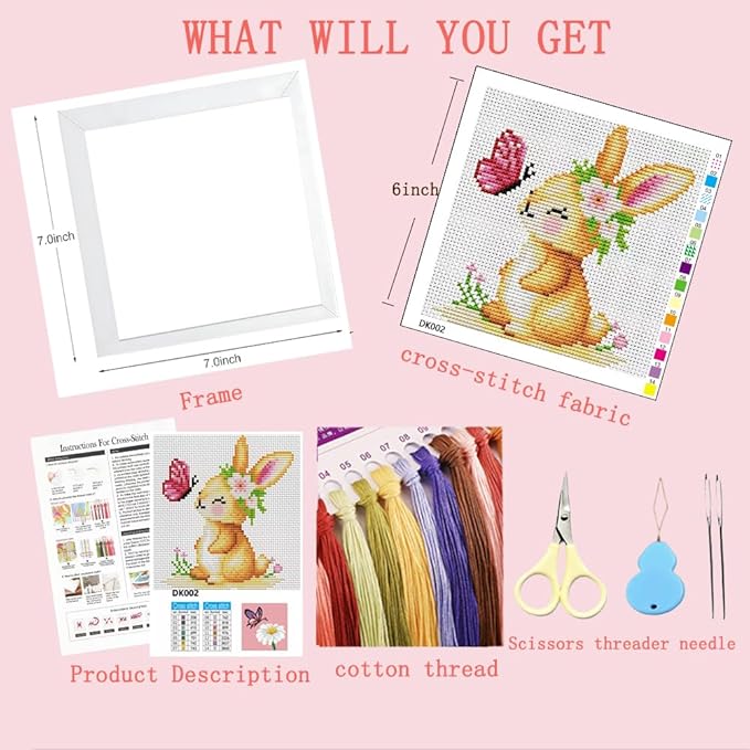 VIGEGU Rabbit Cross Stitch Kits for Beginners,Stamped Cross Stitch for Adults with Framed,Crafts for Girls 8-12 Embroidery Kit Partial 11CT Cross-Stitch Arts and Crafts for Adults 6.7x6.7inch