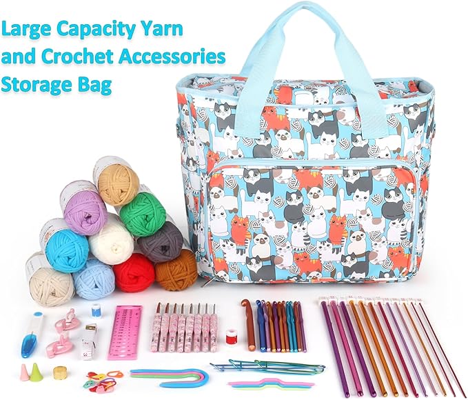 Aeelike Yarn Storage Organizer Travel Crochet Bag, Large Capacity Tote Bag Knitting Bag for Carrying Projects, Knitting Needles, Crochet Hooks and Yarn, Cute Blue Cat