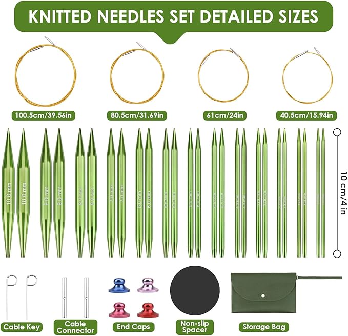 Interchangeable Circular Knitting Needles Set Premium Aluminum Knitting Kit 13 Pairs of 4 Inch with 4 Cables, Accessories and Storage Bag Green