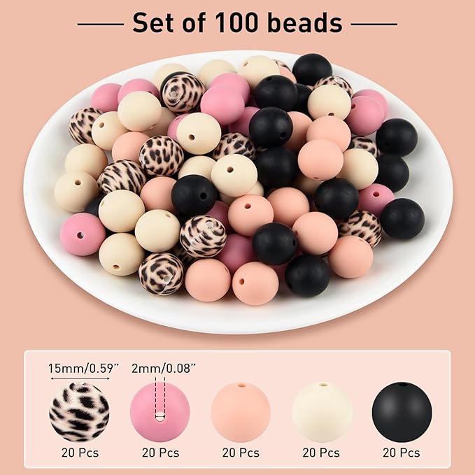 ASTARON 100 Pcs 15mm Silicone Beads for Keychain Making, Pink Black Silicone Round Beads Bulk for Bracelets Pens Crafts Supplies
