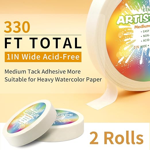 2 Packs White Art Tape Medium Tack Artist Masking Tape Paper Acid Free Tape Watercolor Painters Tape Artists Tape for Drafting Art Watercolor Painting Canvas Framing, 1 inch Wide 330FT Long