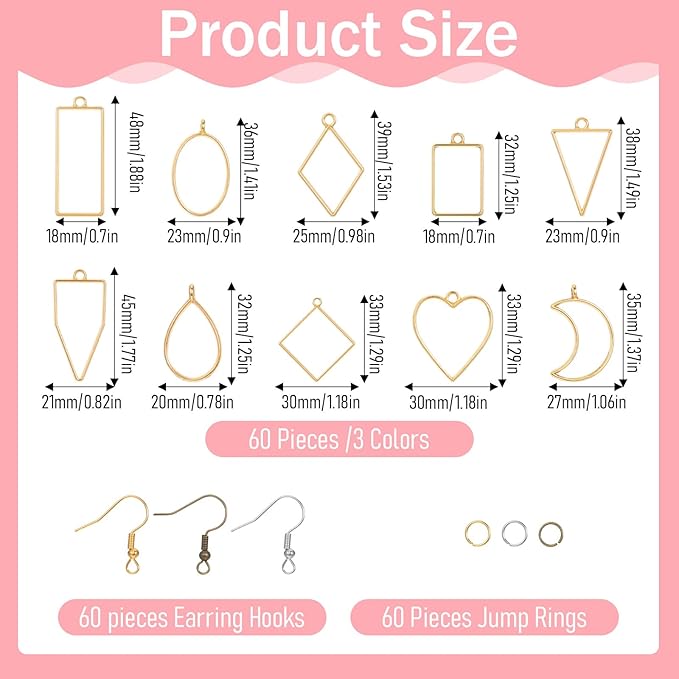 180 Pieces Open Bezels Kits for Jewelry Making, Hollow Frame Pendants, Open Frame Pendant Assorted Geometric, Frame Charms for Pressed Flower, Casting Necklace Earring, DIY Crafts