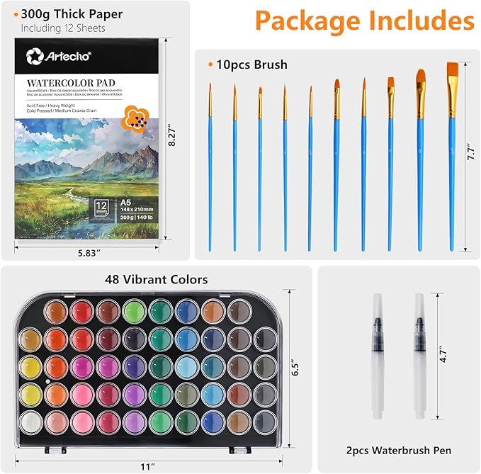Artecho 48 Colors Watercolor Paint Set with 10 Paint Brushes, A5 Watercolor Paper Pad and 2 Watercolor Pens, Washable Water Colors Paint Adult Set
