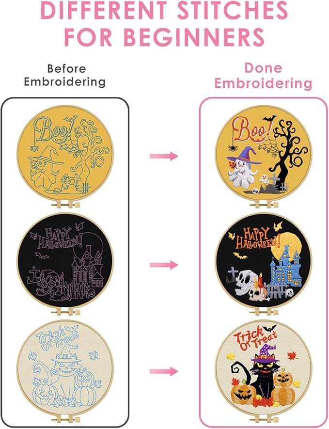 TINDTOP Halloween Embroidery Kit for Adult Beginners, 3 Sets Embroidery Stitch Practice kit Include Embroidery Cloth Hoops Threads for Craft Lover Hand Stitch