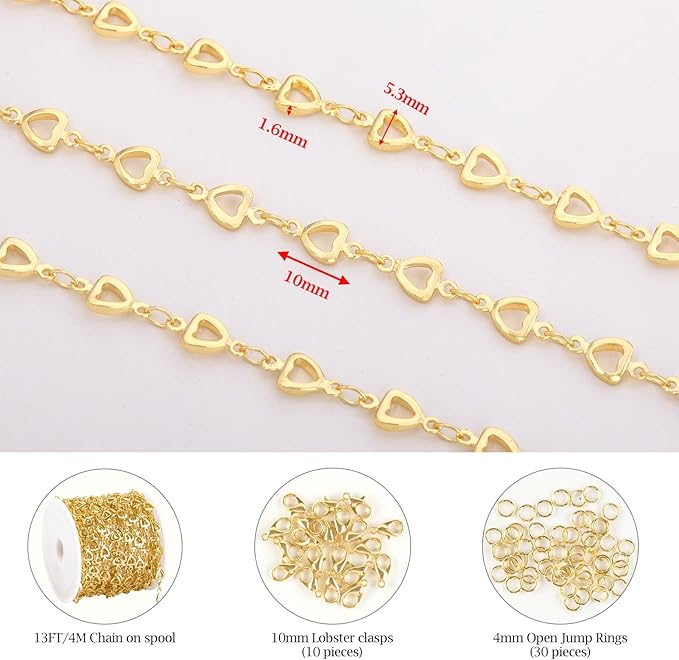 KYUNHOO 13 Feet Hollow Heart Chain for Jewelry Making 18K Gold Plated Brass Jewelry Chains Bulk with Lobster Clasps Jump Rings for Crafting Supplies