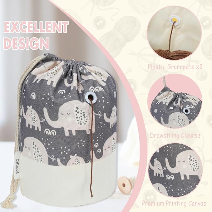 Small Crochet Bag Organizer, Drawstring Storage Knitting Bags, Portable Mini Elephant Yarn Holder for Crocheting Project, Store Skein Ball, Needles Accessories