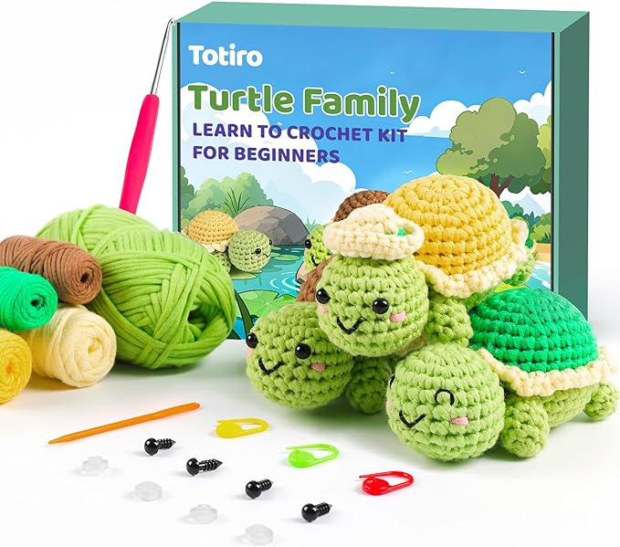 Totiro Crochet Kit for Beginners, Turtle Amigurumi Starter Kit, Easy DIY Craft Set with Step-by-Step Video Tutorials, 3 Pack Animal Crochet Pattern Learning Kit for Teens Adults Birthday Gift