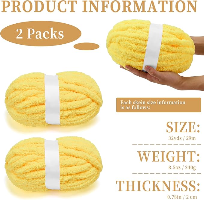 Chunky Chenille Yarn for Crocheting/Arm Knitting, Super Soft Jumbo Knit Blanket Yarn Yellow 2 Pack (32 yds, 8.5 oz Each Pack)