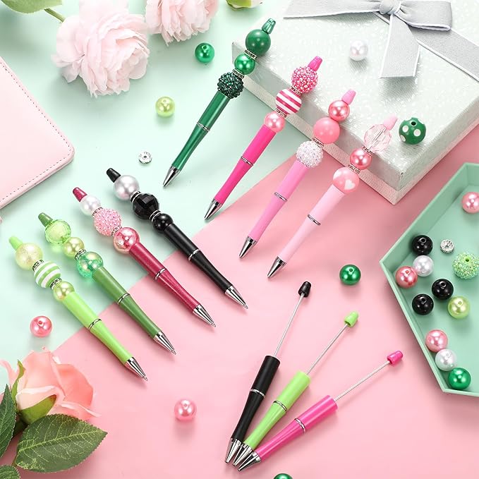 Geyee 15 Pcs Plastic Beadable Pens Assorted Bead Pens Multicolor Bubblegum Crystal Spacer Beads, Black Ink Ballpoint DIY Set, Back to School Gift for Student Summer Ocean Party Gifts(Pink Green)