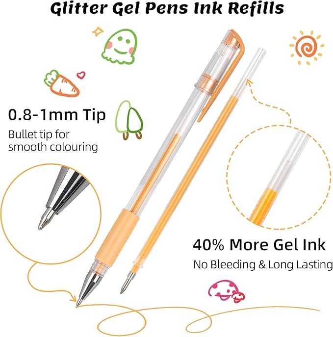 Glitter Gel Pen Refills, 156 Colors Gel Ink Pen Refills Replacements, Metallic Neon Ink Refills for Adults Coloring Book Drawing Doodling Journaling Art Supplies
