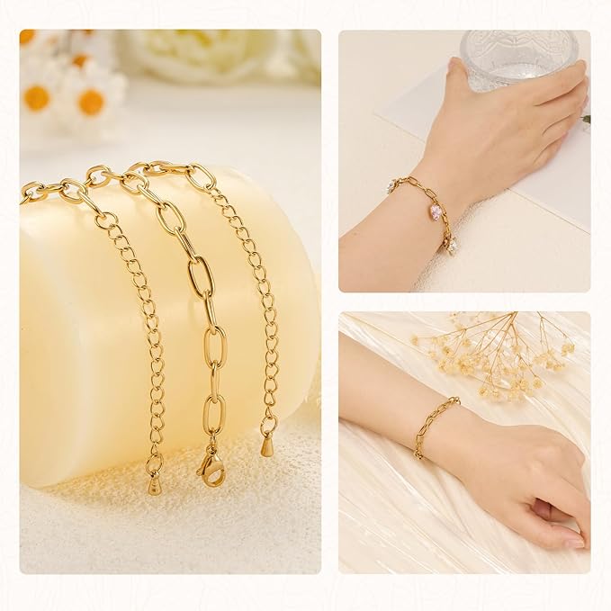 KYUNHOO 10pcs 6.7 Inches Gold Plated Paperclip Chain for Bracelet Making Stainless Steel Jewelry Supplies for Bracelet DIY with Lobster Clasps and Chain Extension