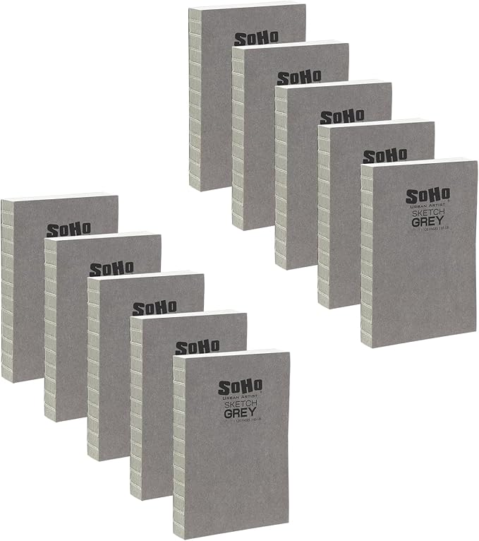 SoHo Urban Artist Open Bound Sketch Pads 10 Pack - Grey - 8.5x11 - Open Coptic Bound Sketch Pads for Drawing, Calligraphy, Any Dry Media, & More - 1200 Sheets Total