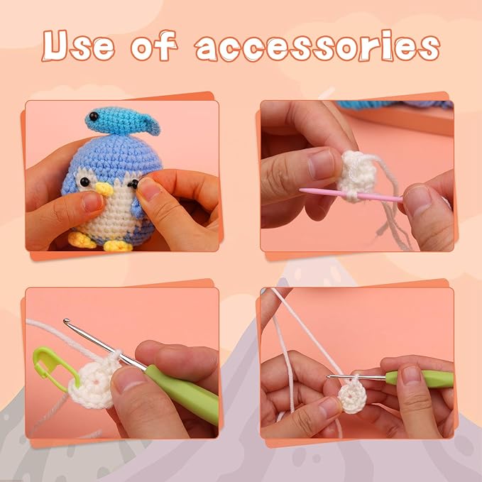 2 Pack Crochet Kit for Beginners, Animal Crochet Kit, Cute Crochet Starter Kit with Video Tutorial, 2 Crochet Hooks, Colored Crochet Yarns, 5 Stitch Markers Complete Crochet Set to Make 2 Penguins