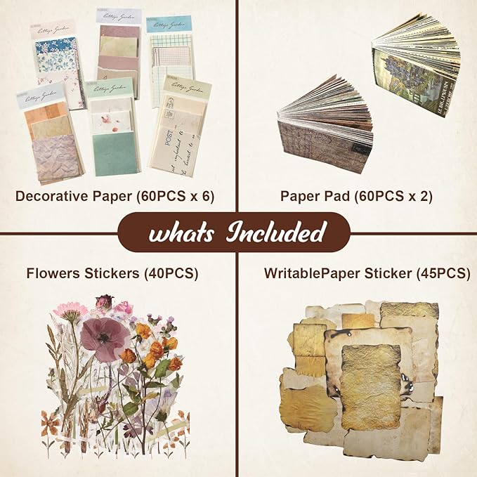 565 Pcs Vintage Scrapbook Paper Kit, Scrapbook Paper Supplies with Flowers Stickers, Journaling Decorative CraftPaper Set for Junk Journal, Retro Crafts