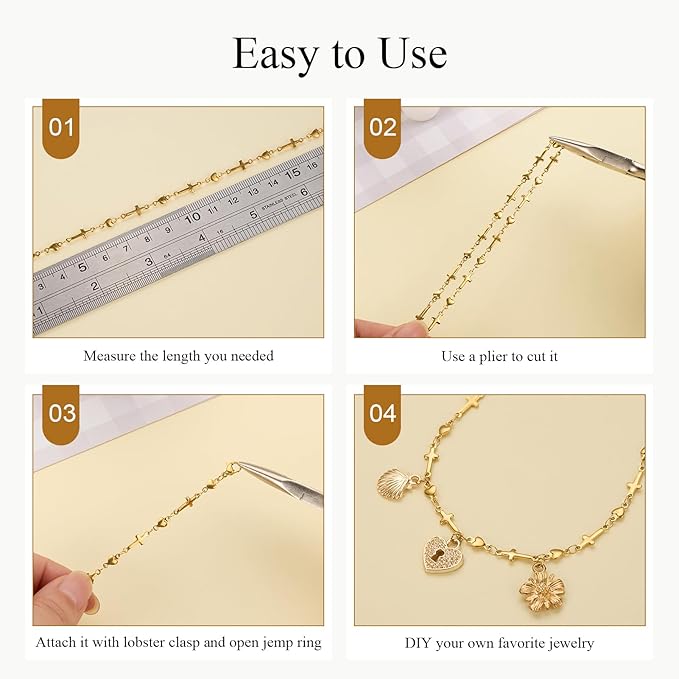 13 Feet Gold Stainless Steel Chain Bulk for Jewelry Making Cross Heart Jewelry Making Chains Supplies