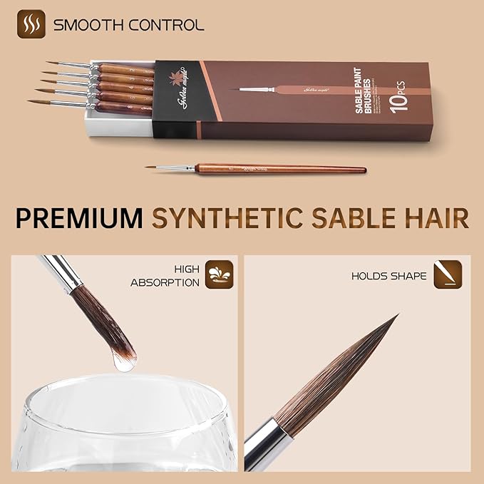Golden Maple Artist Paint Brushes, 10PC Synthetic Sable Brush Set Miniature Fine Detail Paint Brush, Round Point Paint Brush Set for Miniatures, Acrylic & Figures, Model, Watercolor Details