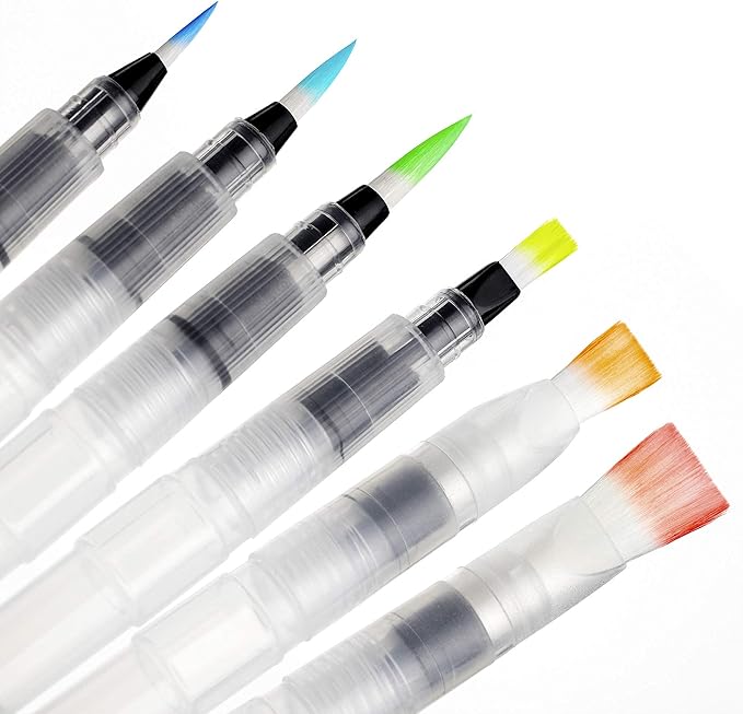 Chromatek AquaPens. Set of 6 Refillable Aqua Watercolor Brushes with Nylon Tips. Easy Water Brush Pens for Painting. Blending & Calligraphy. Includes Online Video Tutorials & Templates