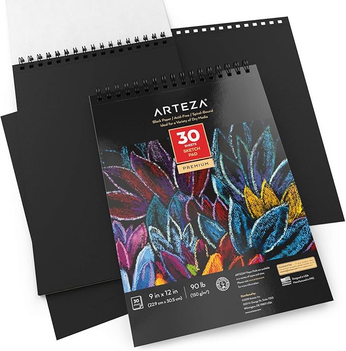 ARTEZA Spiral Sketch Book 9x12 Black Art Paper Drawing Pad 30 Sheets Sketch Pads for Drawing Adults & Teens