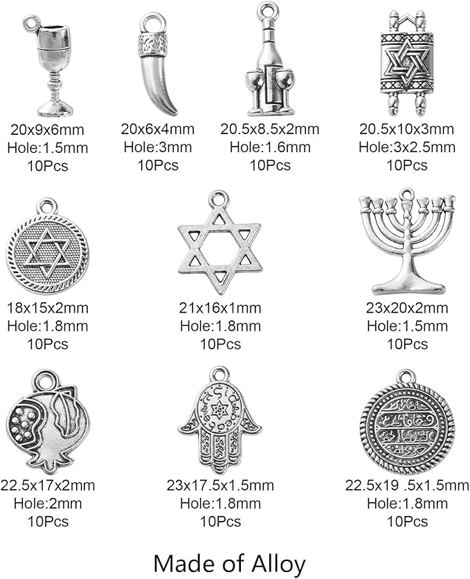 DanLingJewelry 100Pcs 10 Styles Tibetan Religion DIY Bracelet & Necklace Making Kit With Temple Menorah & Star of David Charms