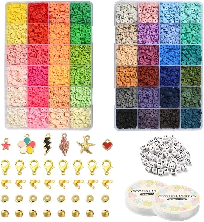 Echoed Elegance Clay Beads 2 Boxes Bracelet Making Kit, 7448 pcs Beads for Jewelry Making, Round Letter Beads with Charm and Elastic Strings, Friendship Bracelets Holiday Gifts for Girls Adults