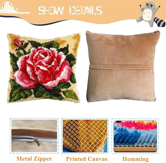 EMISTEM Latch Hook Kits for Adults - Latch Hook Pillow Kits, Crochet Yarn Kit for Beginners, DIY Needlework Crafts Cover Case with Printed Canvas, (Red Rose,17x17 inch)